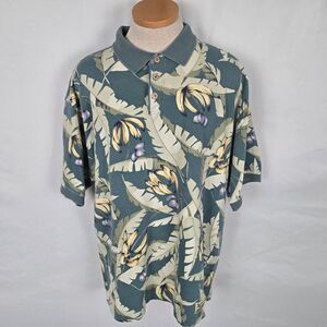 Tommy Bahama Polo Men's XL Green Tropical Print Short Sleeve 100% Cotton Collar